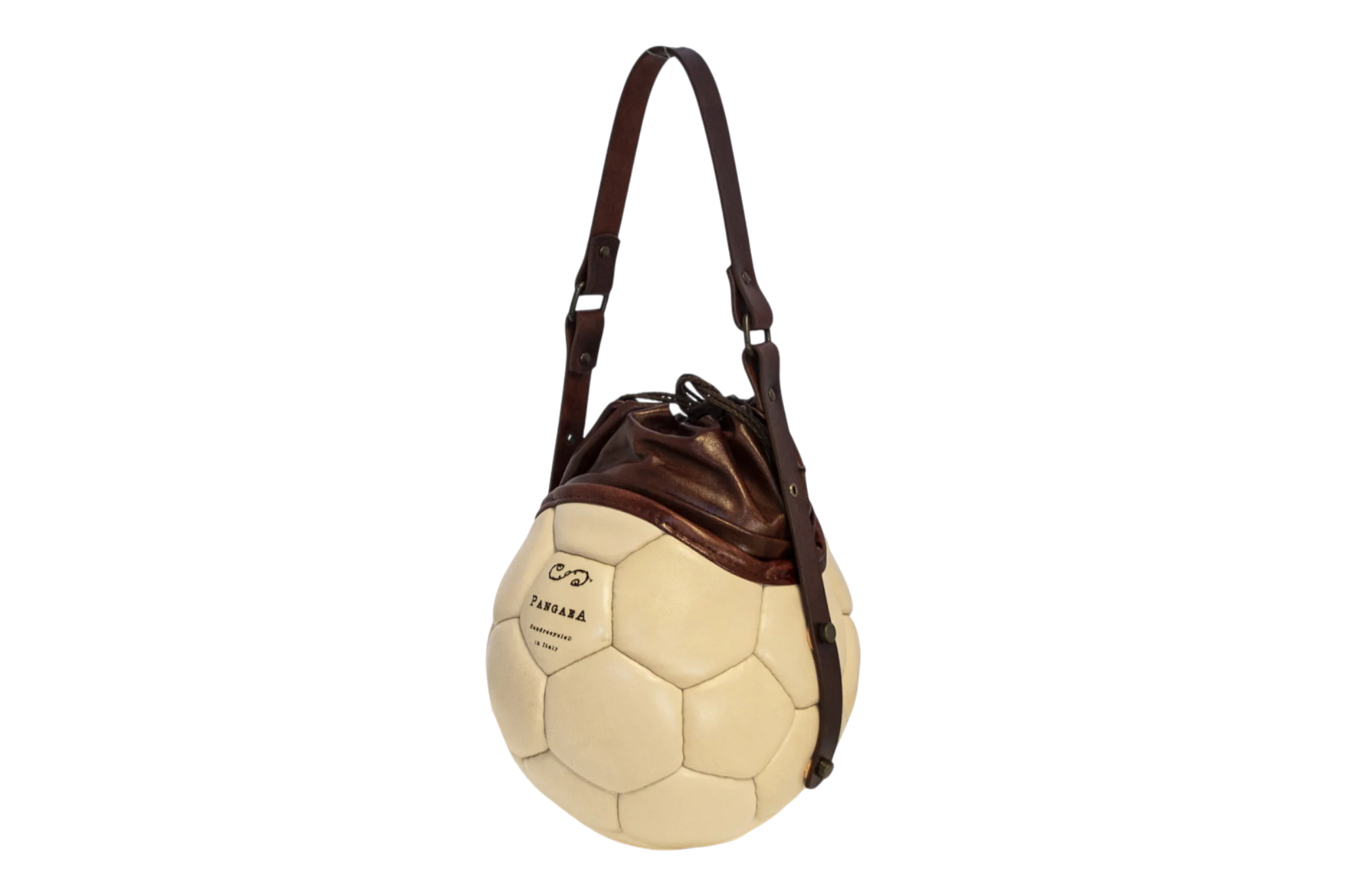 PANGAEA Round Bag in pelle naturale non colorata con chiusura marrone scuro, esempio di composizione già realizzata